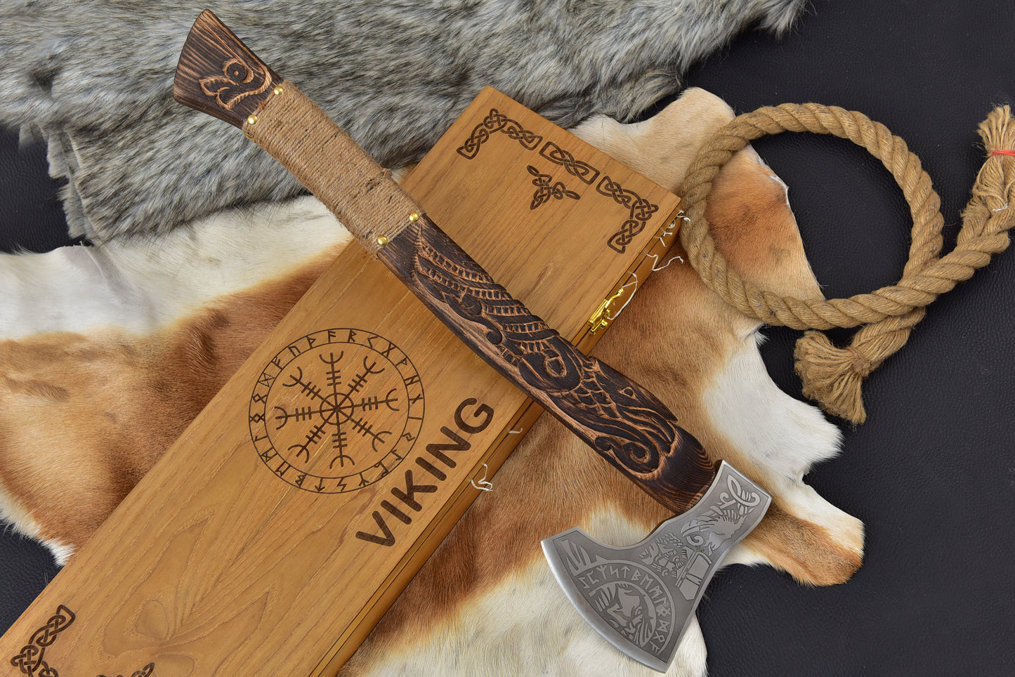 Handmade Viking Bearded Axe - Custom Etched Norse Steel Hatchet - Carved Ashwood Handle, Wooden Gift Box, Groomsmen Gift