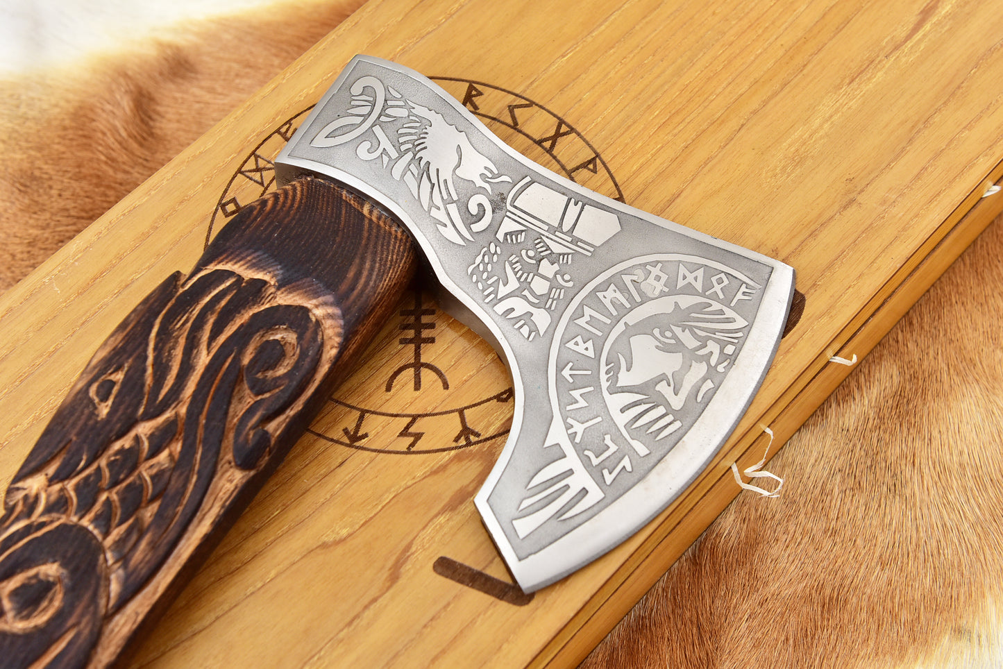 Handmade Viking Bearded Axe - Custom Etched Norse Steel Hatchet - Carved Ashwood Handle, Wooden Gift Box, Groomsmen Gift
