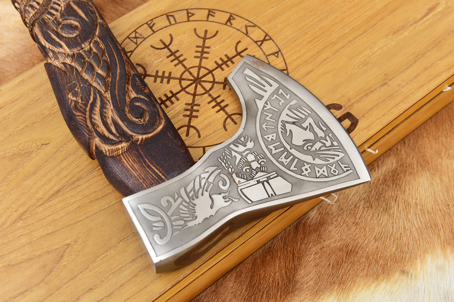Handmade Viking Bearded Axe - Custom Etched Norse Steel Hatchet - Carved Ashwood Handle, Wooden Gift Box, Groomsmen Gift