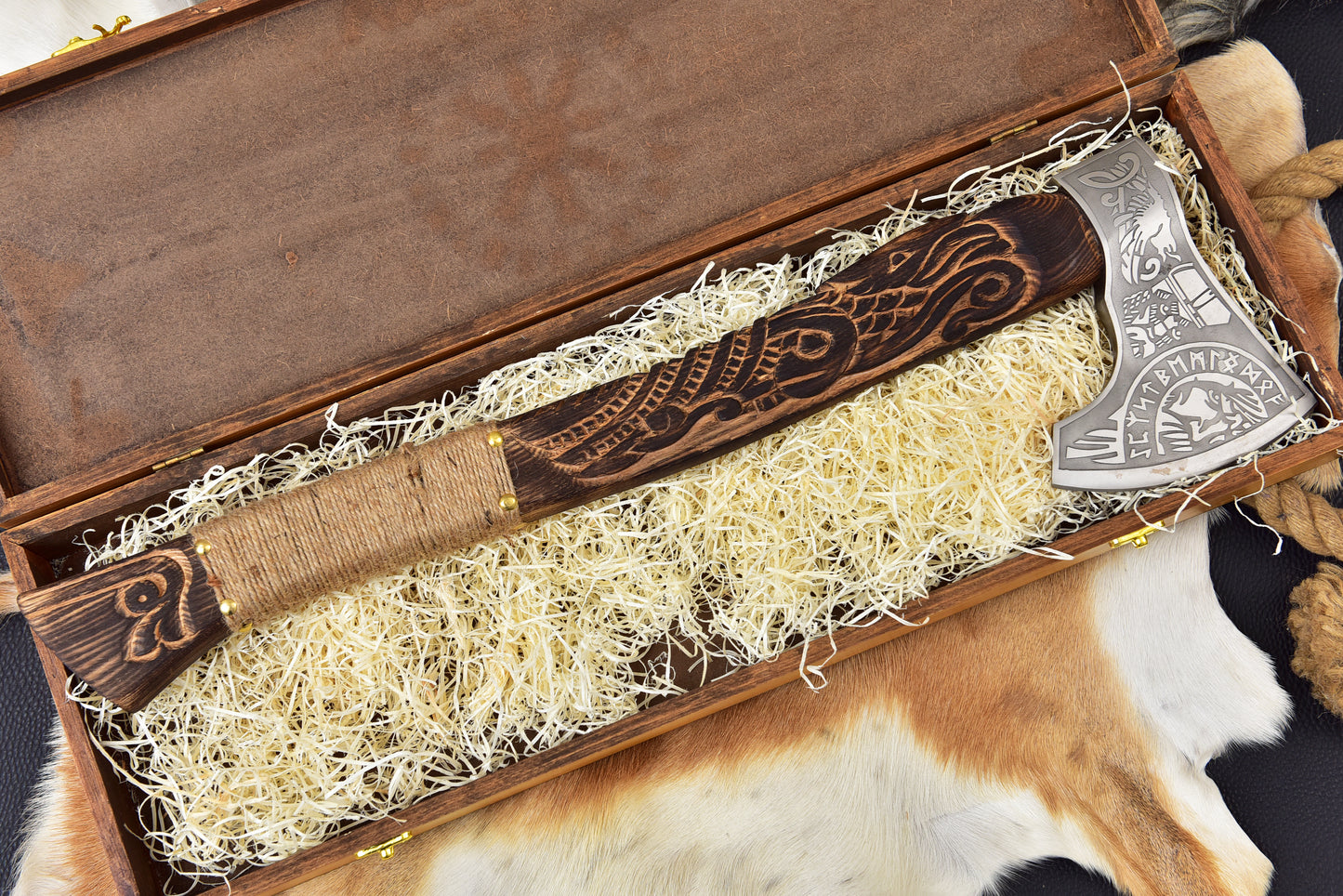 Handmade Viking Bearded Axe - Custom Etched Norse Steel Hatchet - Carved Ashwood Handle, Wooden Gift Box, Groomsmen Gift