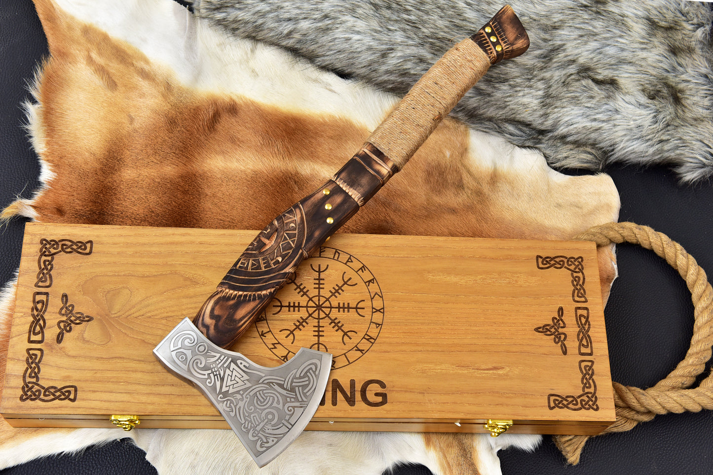 Hand Made Viking Axe Carbon Steel, Hand Forged, Personalized Custom Made for Wall Decoration, Camping & Outdoor UseHand Forged Viking Tools Engraved Norse Design, Leather Sheath
