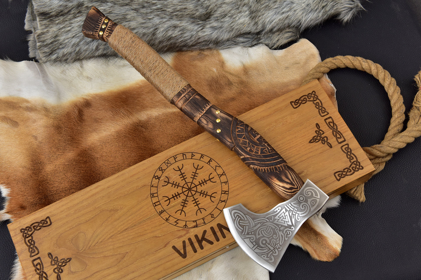 Hand Made Viking Axe Carbon Steel, Hand Forged, Personalized Custom Made for Wall Decoration, Camping & Outdoor UseHand Forged Viking Tools Engraved Norse Design, Leather Sheath