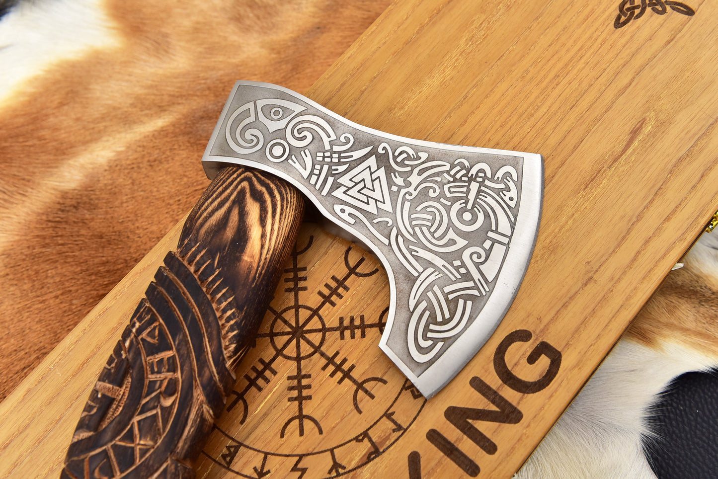 Hand Made Viking Axe Carbon Steel, Hand Forged, Personalized Custom Made for Wall Decoration, Camping & Outdoor UseHand Forged Viking Tools Engraved Norse Design, Leather Sheath