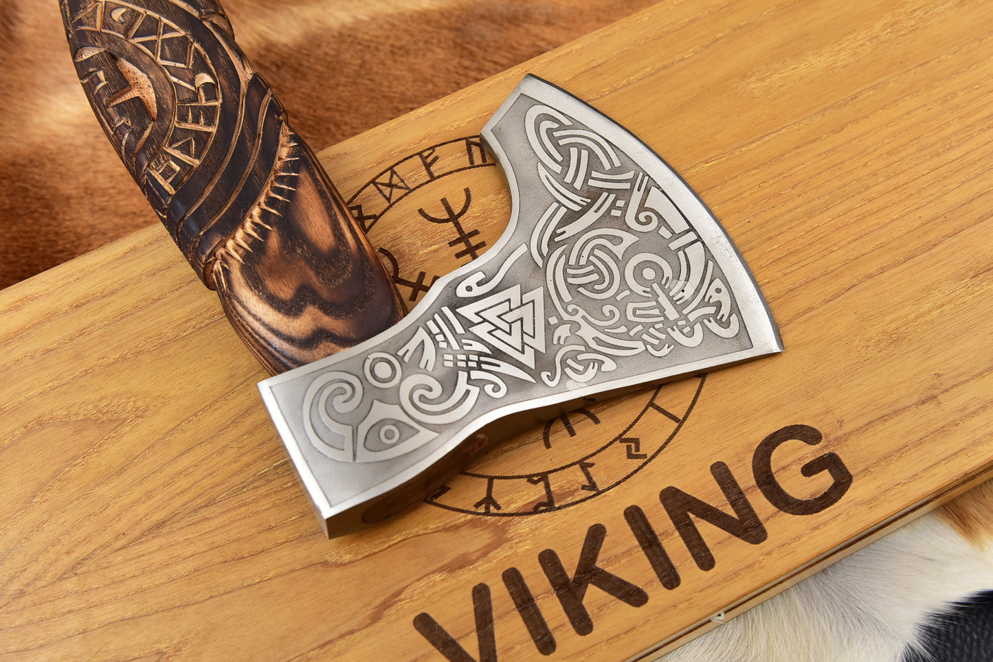 Hand Made Viking Axe Carbon Steel, Hand Forged, Personalized Custom Made for Wall Decoration, Camping & Outdoor UseHand Forged Viking Tools Engraved Norse Design, Leather Sheath