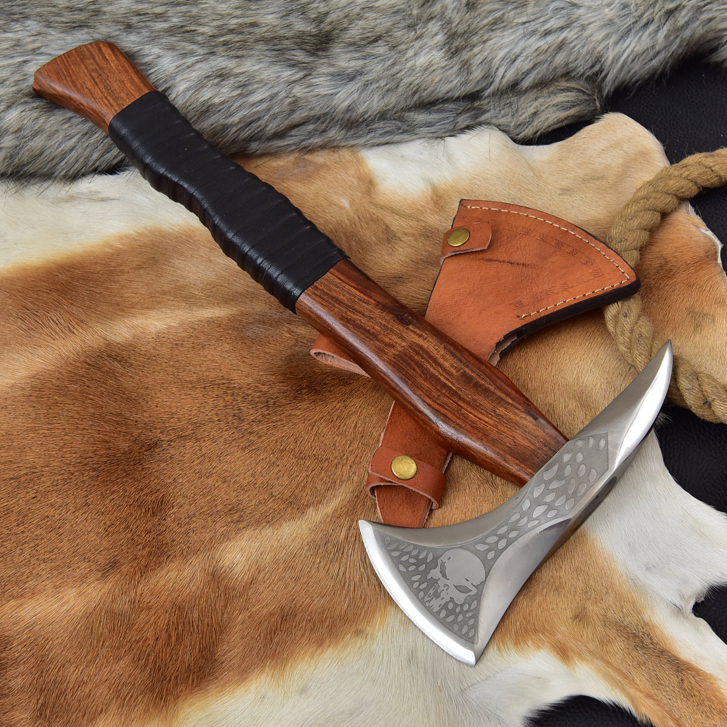 Handcrafted 20" Spike Back Skull Etched Viking Style Axe Pickhead Tomahawk Rosewood | Leather Sheath