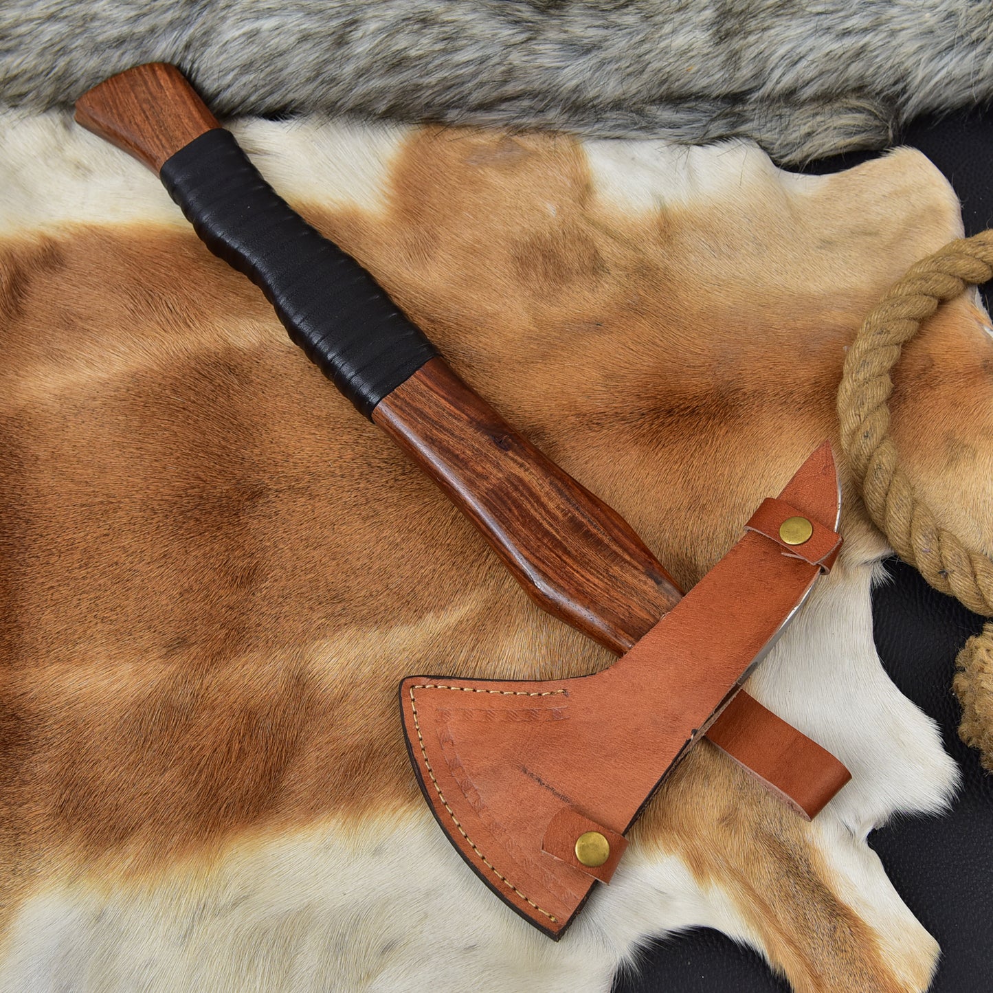 Handcrafted 20" Spike Back Skull Etched Viking Style Axe Pickhead Tomahawk Rosewood | Leather Sheath