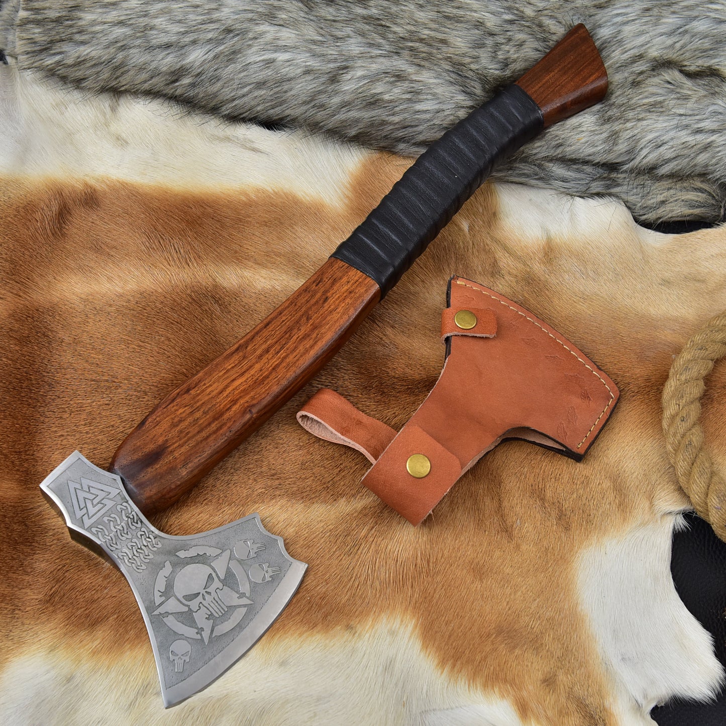 Custom Viking Axe Handmade High Carbon Steel Hatchet Etched Bearded Axe Groomsmen Gift Unique Skull Viking Axe Sheath