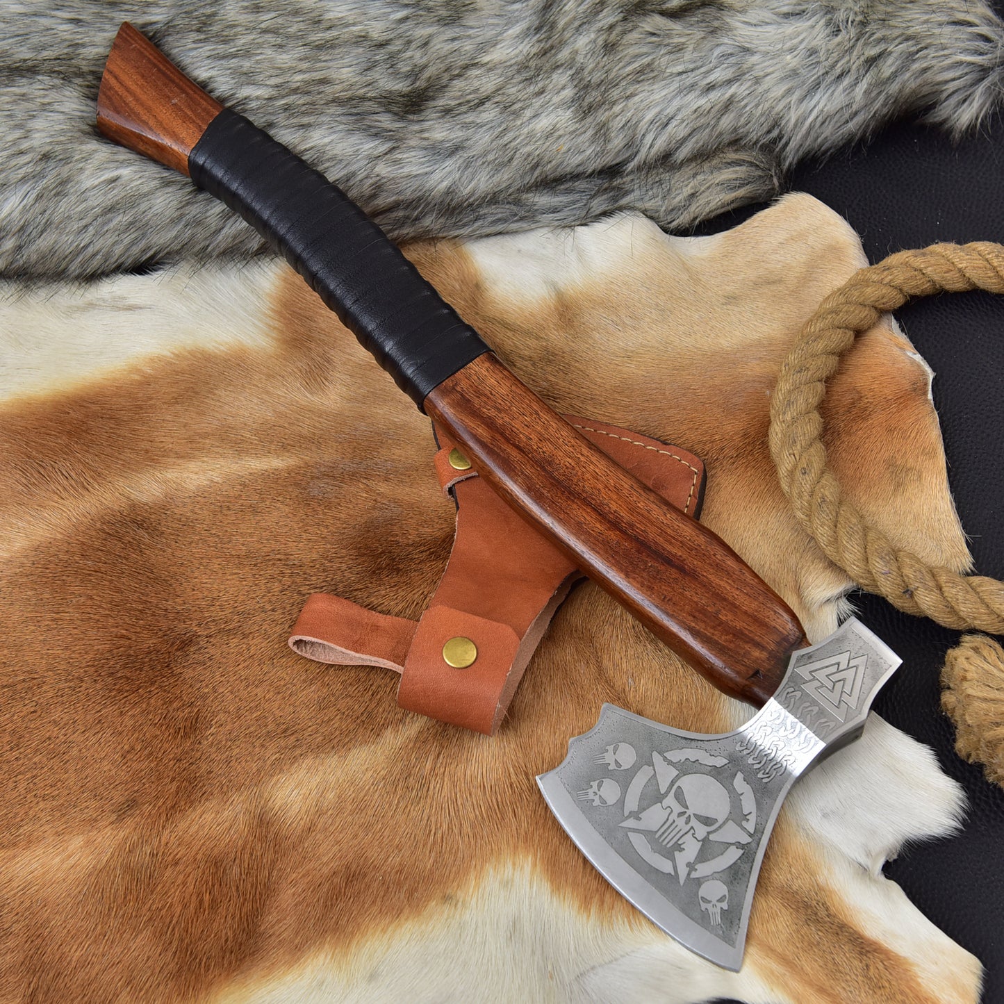 Custom Viking Axe Handmade High Carbon Steel Hatchet Etched Bearded Axe Groomsmen Gift Unique Skull Viking Axe Sheath