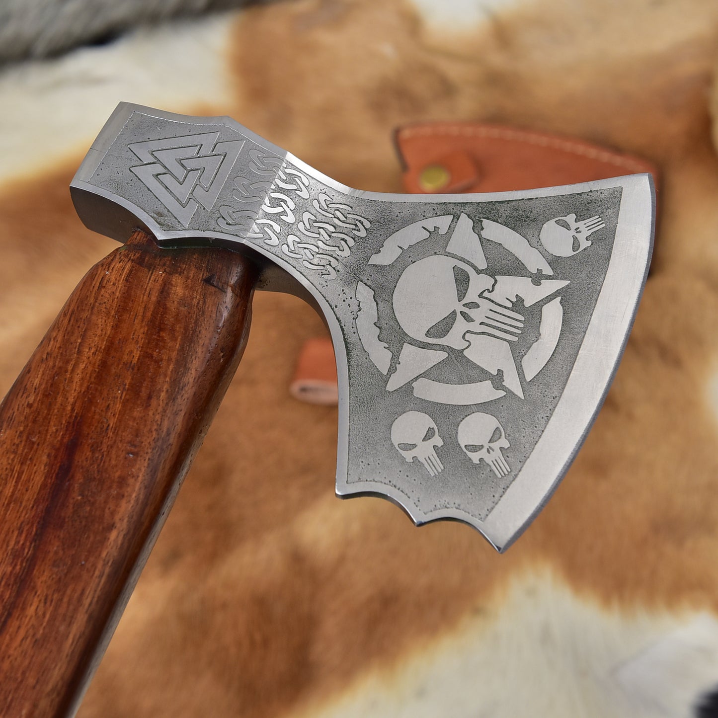Custom Viking Axe Handmade High Carbon Steel Hatchet Etched Bearded Axe Groomsmen Gift Unique Skull Viking Axe Sheath
