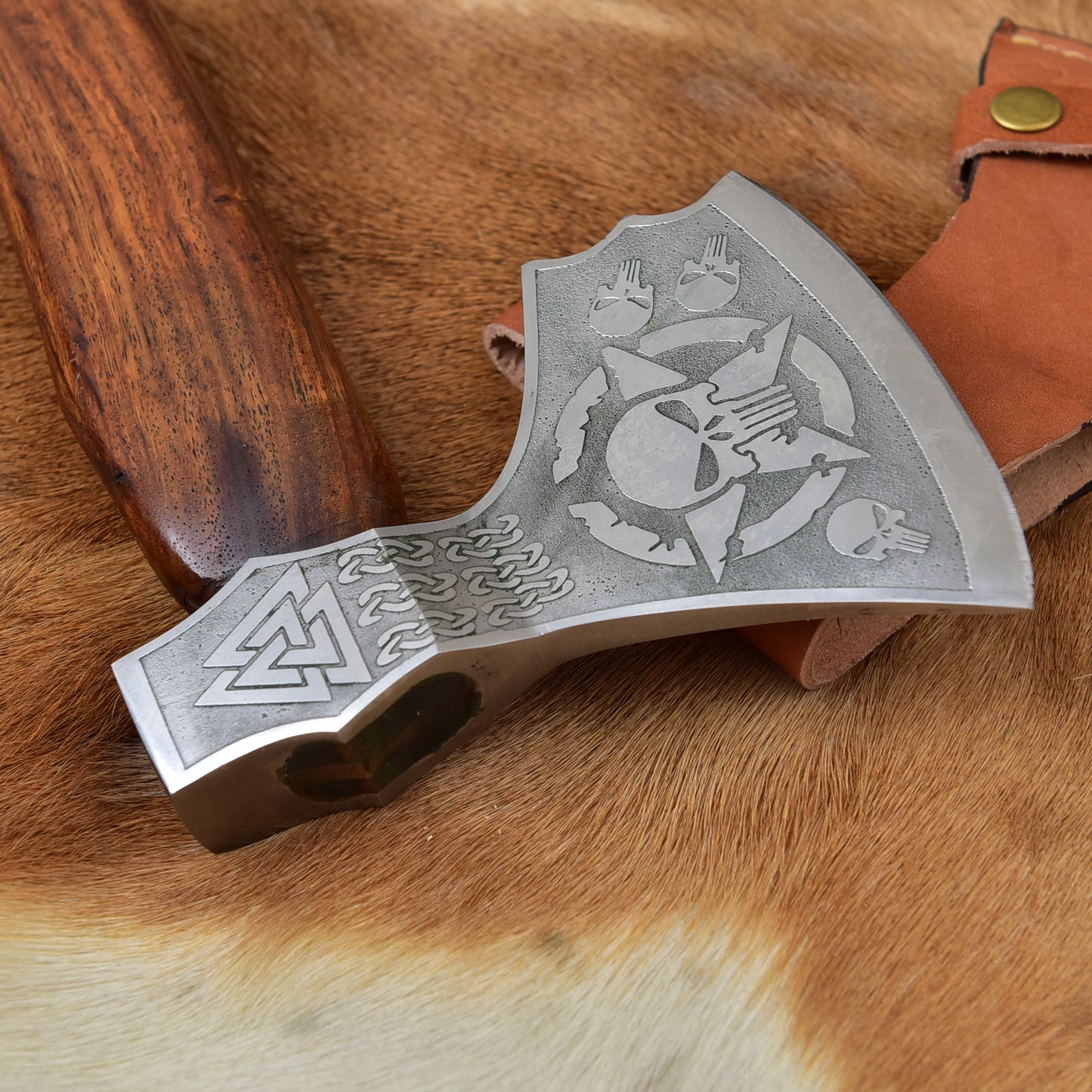 Custom Viking Axe Handmade High Carbon Steel Hatchet Etched Bearded Axe Groomsmen Gift Unique Skull Viking Axe Sheath