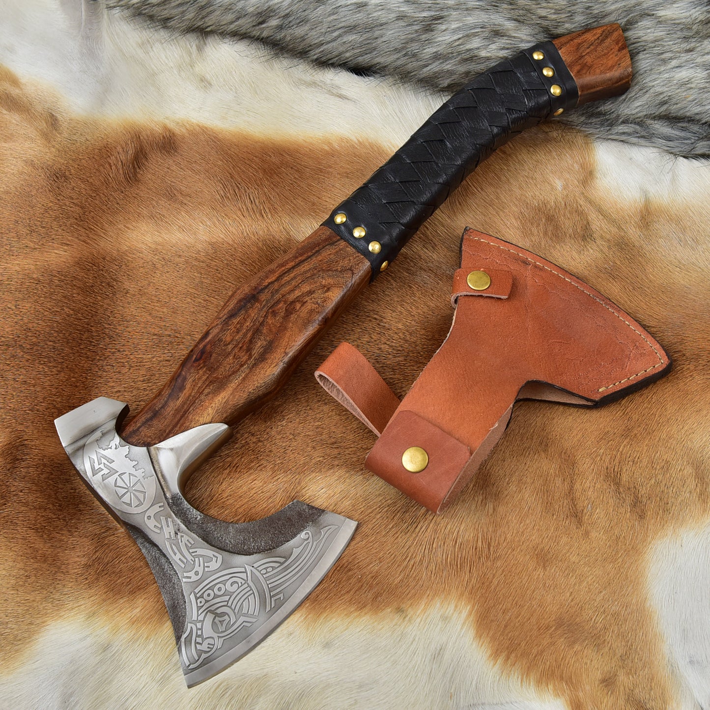 Handmade Viking Bearded Axe Carbon Steel Etched Skeggox Hatchet Nordic Celtic Knotwork Groomsmen Gift Rosewood Hand Axe