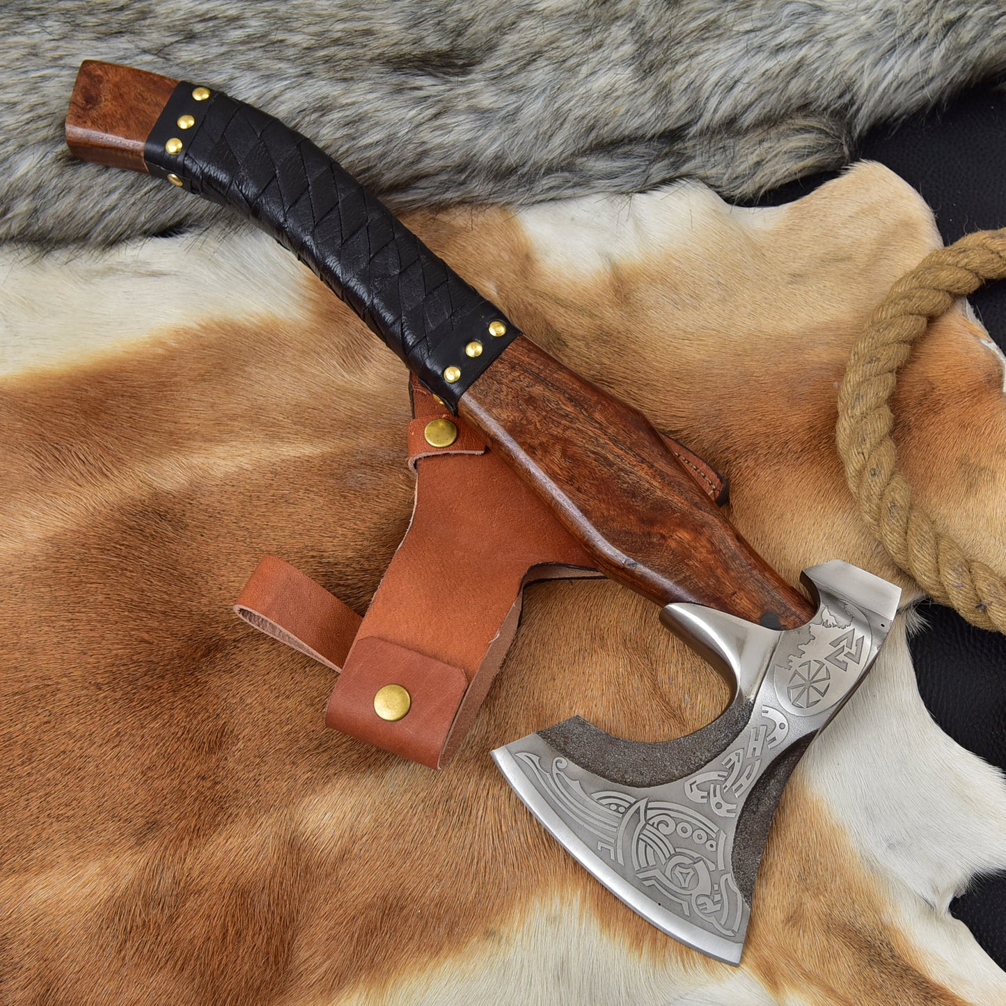 Handmade Viking Bearded Axe Carbon Steel Etched Skeggox Hatchet Nordic Celtic Knotwork Groomsmen Gift Rosewood Hand Axe
