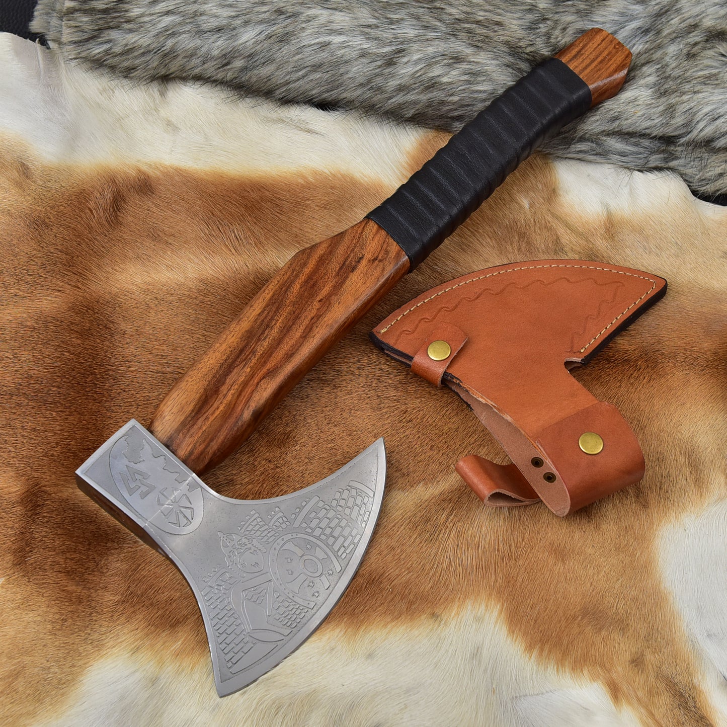 Handmade Viking Bearded Axe, Etched High Carbon Steel Camping Hatchet with Rosewood Handle & Leather Sheath - Outdoor Gift