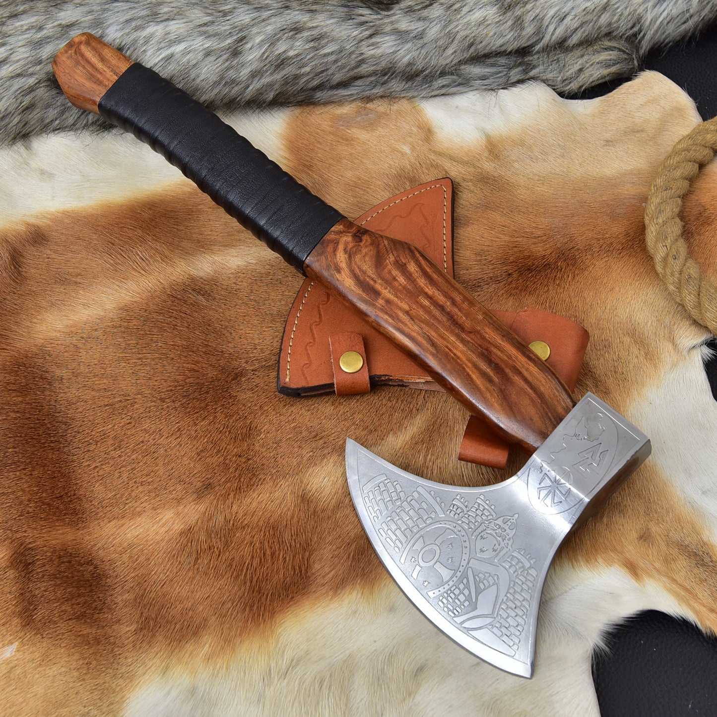 Handmade Viking Bearded Axe, Etched High Carbon Steel Camping Hatchet with Rosewood Handle & Leather Sheath - Outdoor Gift
