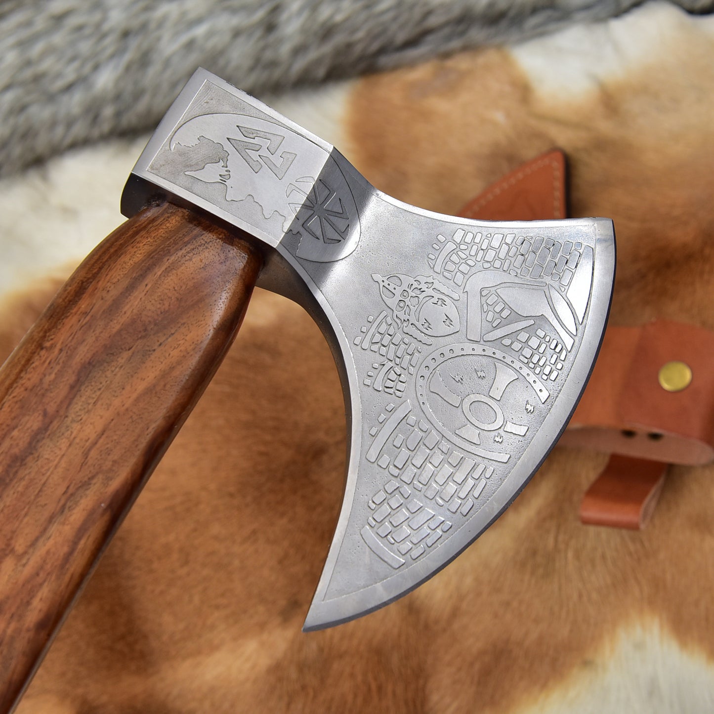 Handmade Viking Bearded Axe, Etched High Carbon Steel Camping Hatchet with Rosewood Handle & Leather Sheath - Outdoor Gift