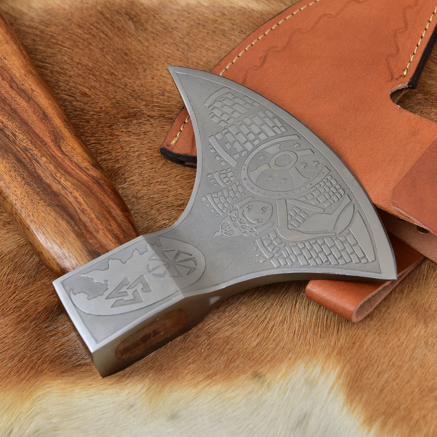 Handmade Viking Bearded Axe, Etched High Carbon Steel Camping Hatchet with Rosewood Handle & Leather Sheath - Outdoor Gift