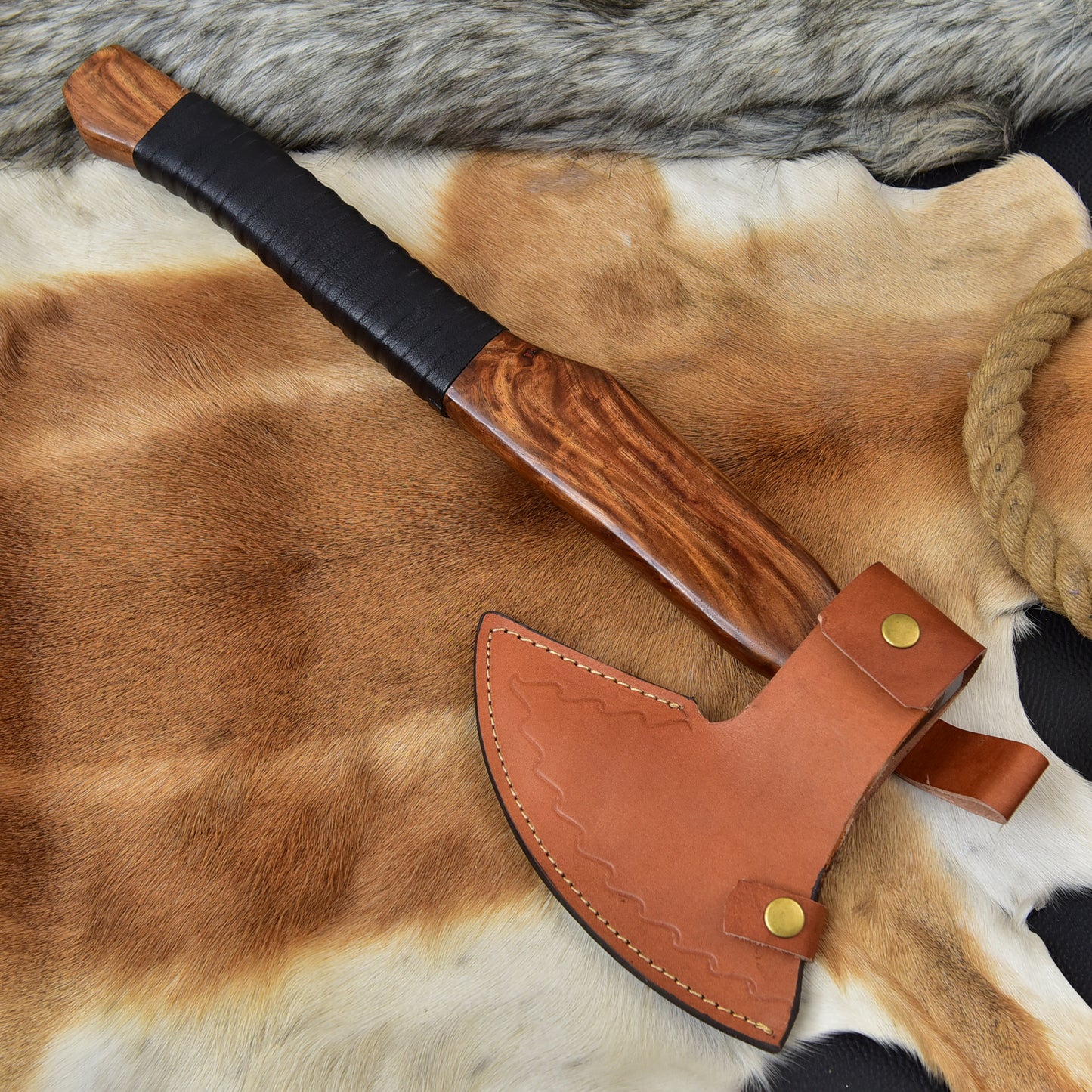 Handmade Viking Bearded Axe, Etched High Carbon Steel Camping Hatchet with Rosewood Handle & Leather Sheath - Outdoor Gift