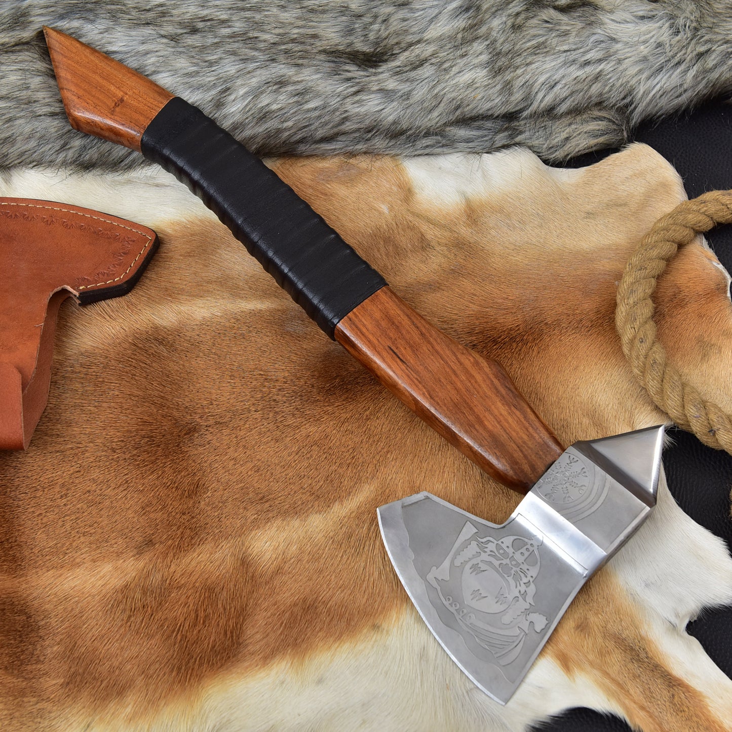 Handmade Viking Vegvisir Axe, Custom Steel Camping Tomahawk with Spike Poll, Curved Rosewood Handle & Leather Sheath