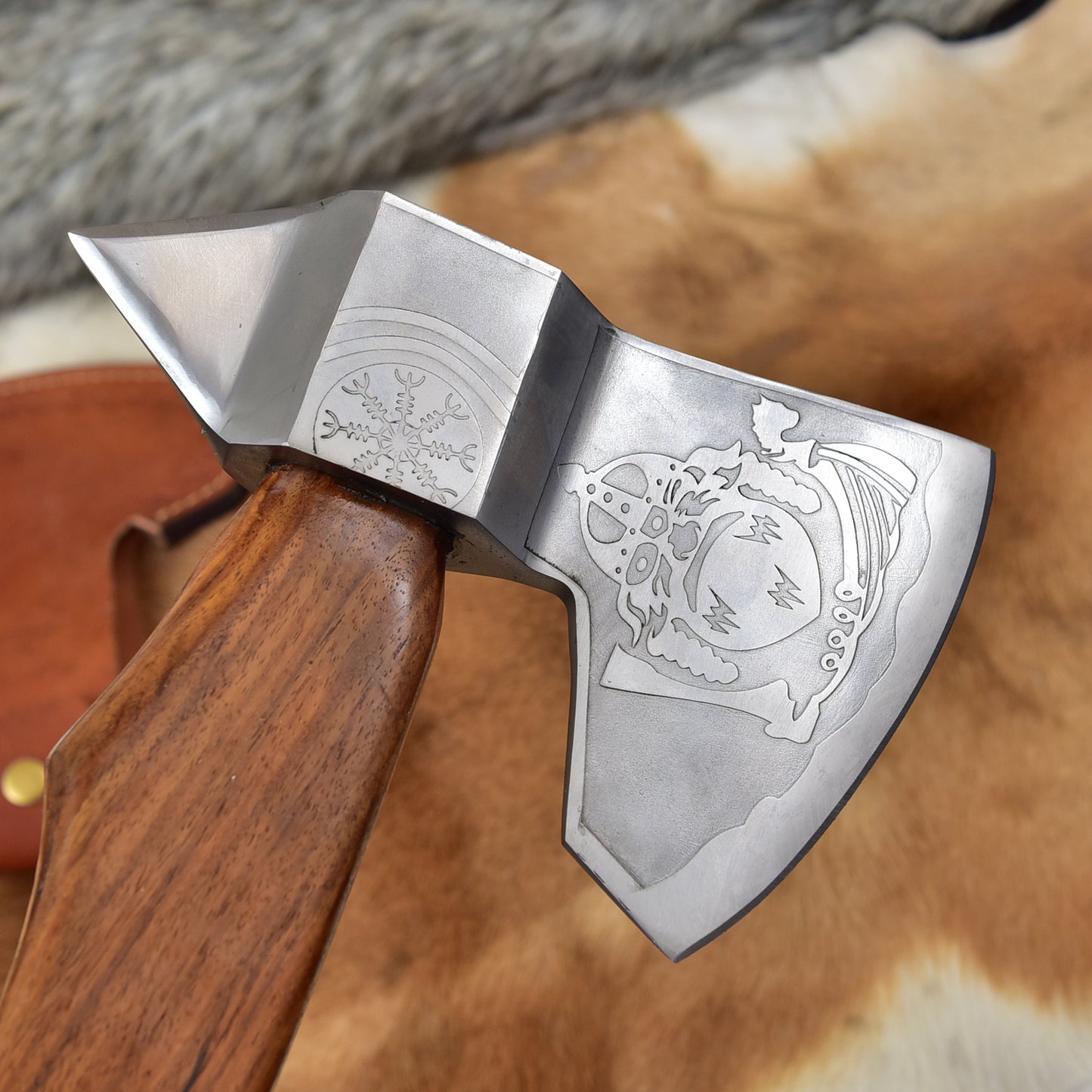 Handmade Viking Vegvisir Axe, Custom Steel Camping Tomahawk with Spike Poll, Curved Rosewood Handle & Leather Sheath