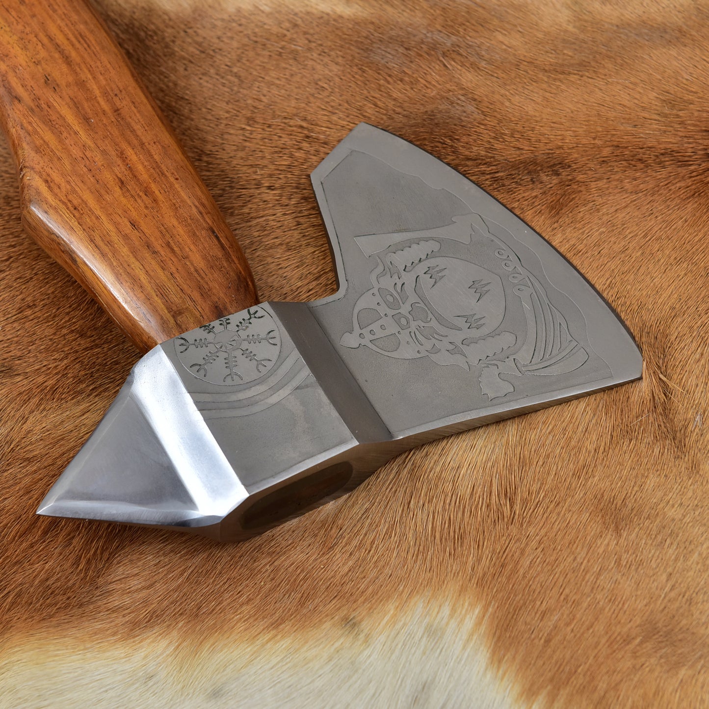 Handmade Viking Vegvisir Axe, Custom Steel Camping Tomahawk with Spike Poll, Curved Rosewood Handle & Leather Sheath