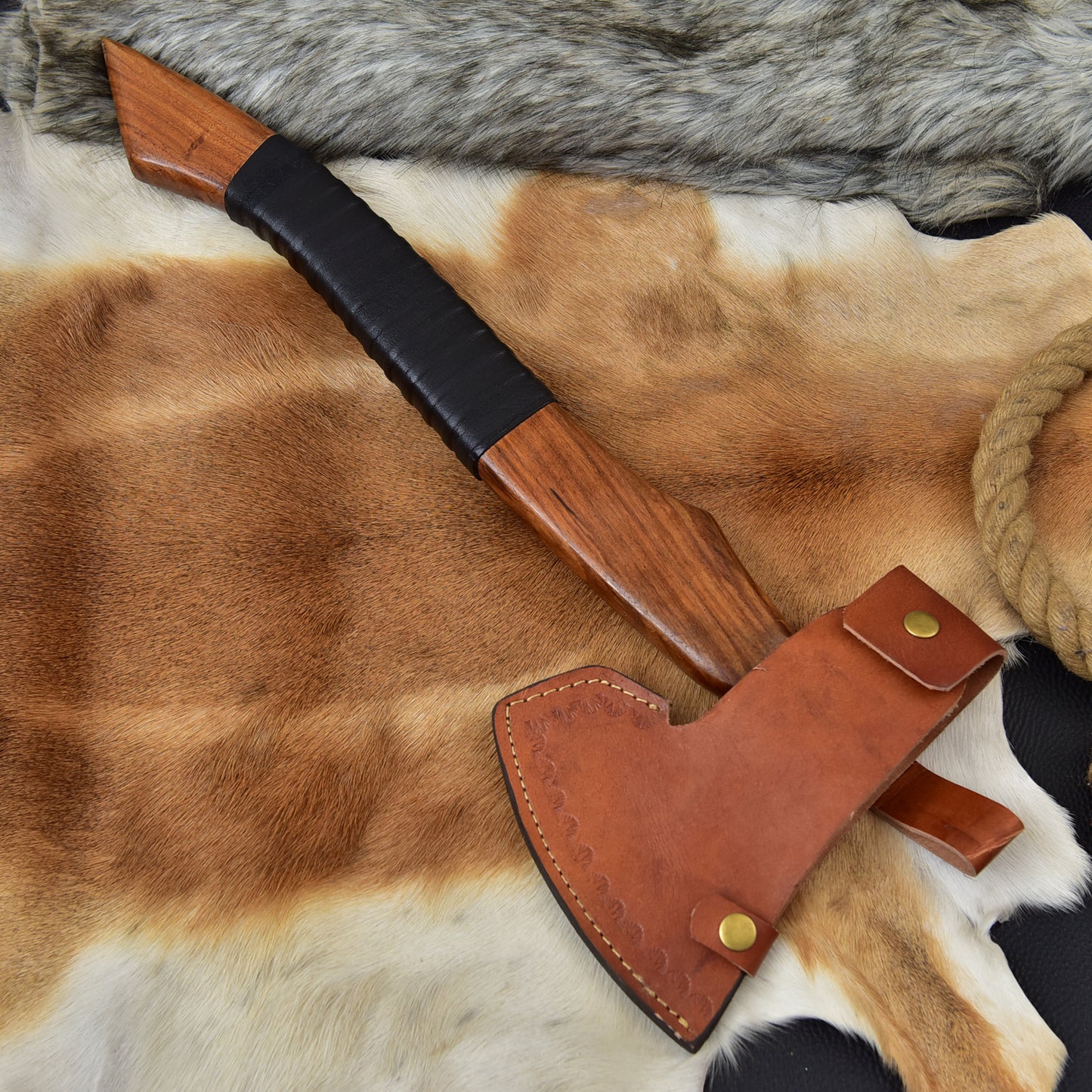 Handmade Viking Vegvisir Axe, Custom Steel Camping Tomahawk with Spike Poll, Curved Rosewood Handle & Leather Sheath
