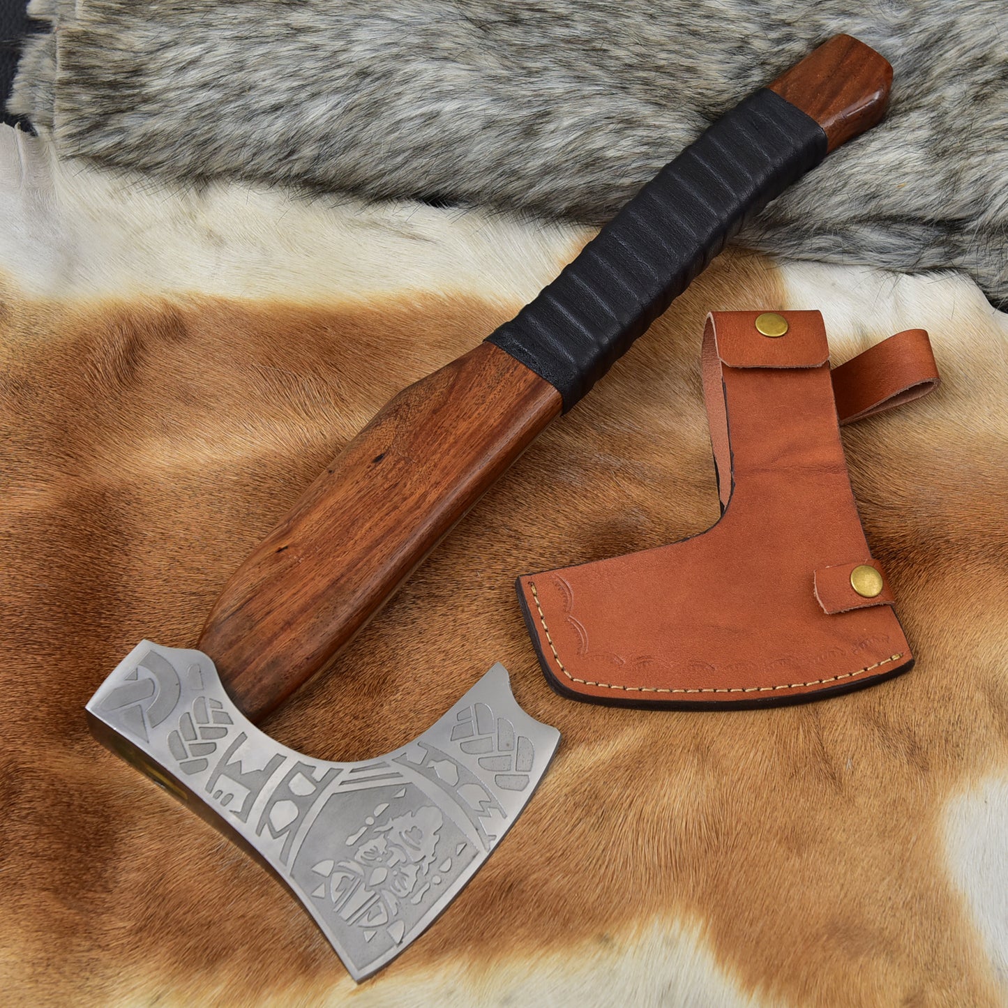 Handcrafted Viking Bearded Axe 20" High Carbon Steel Hatchet Rosewood Handle Leather Sheath Nordic Etched Carving Tool