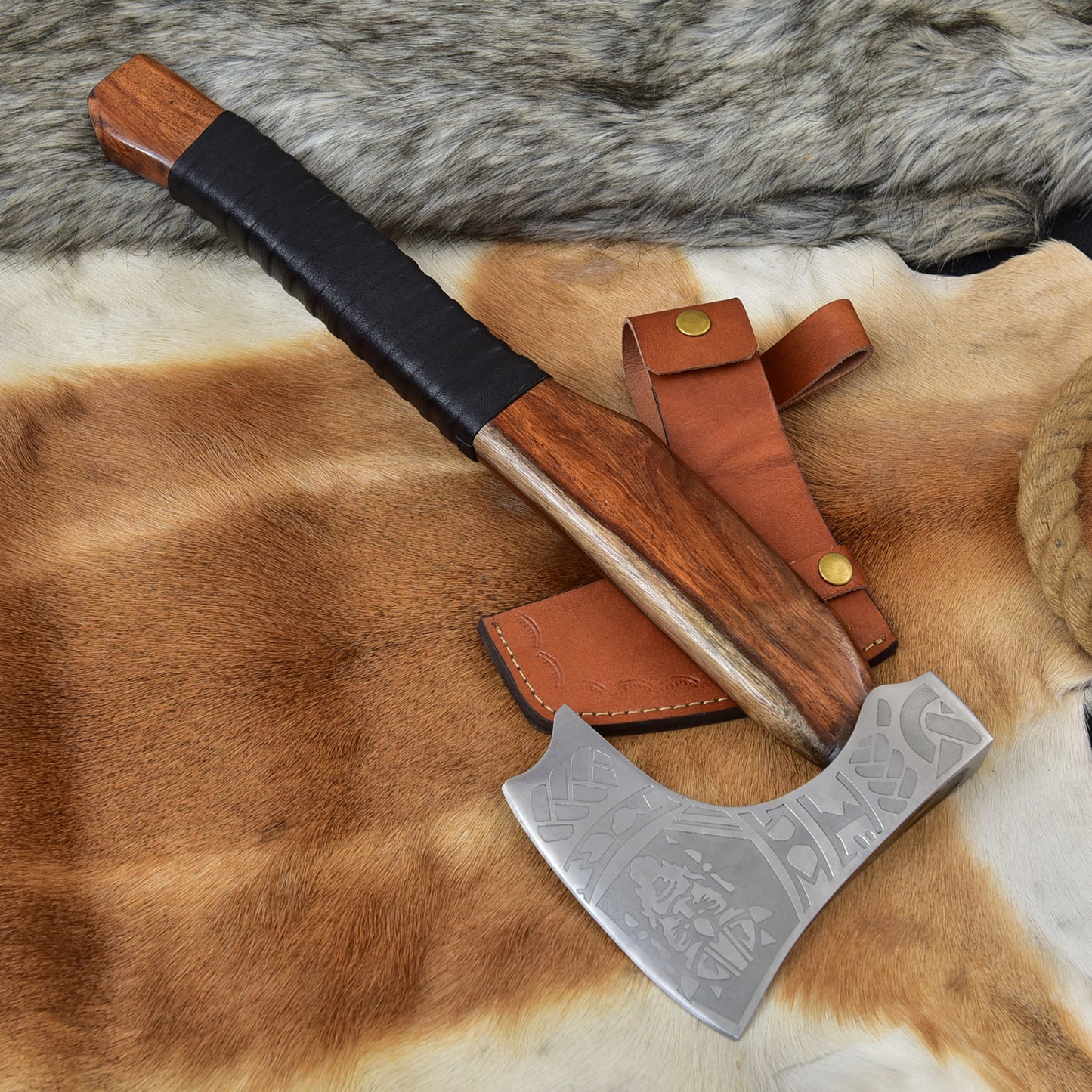 Handcrafted Viking Bearded Axe 20" High Carbon Steel Hatchet Rosewood Handle Leather Sheath Nordic Etched Carving Tool