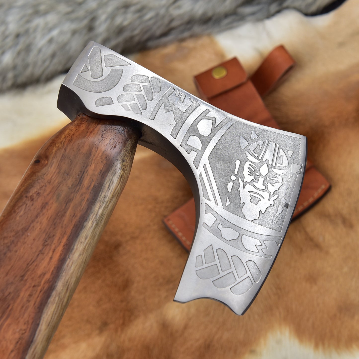 Handcrafted Viking Bearded Axe 20" High Carbon Steel Hatchet Rosewood Handle Leather Sheath Nordic Etched Carving Tool