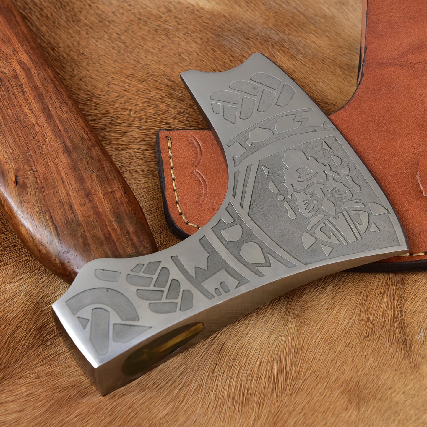 Handcrafted Viking Bearded Axe 20" High Carbon Steel Hatchet Rosewood Handle Leather Sheath Nordic Etched Carving Tool