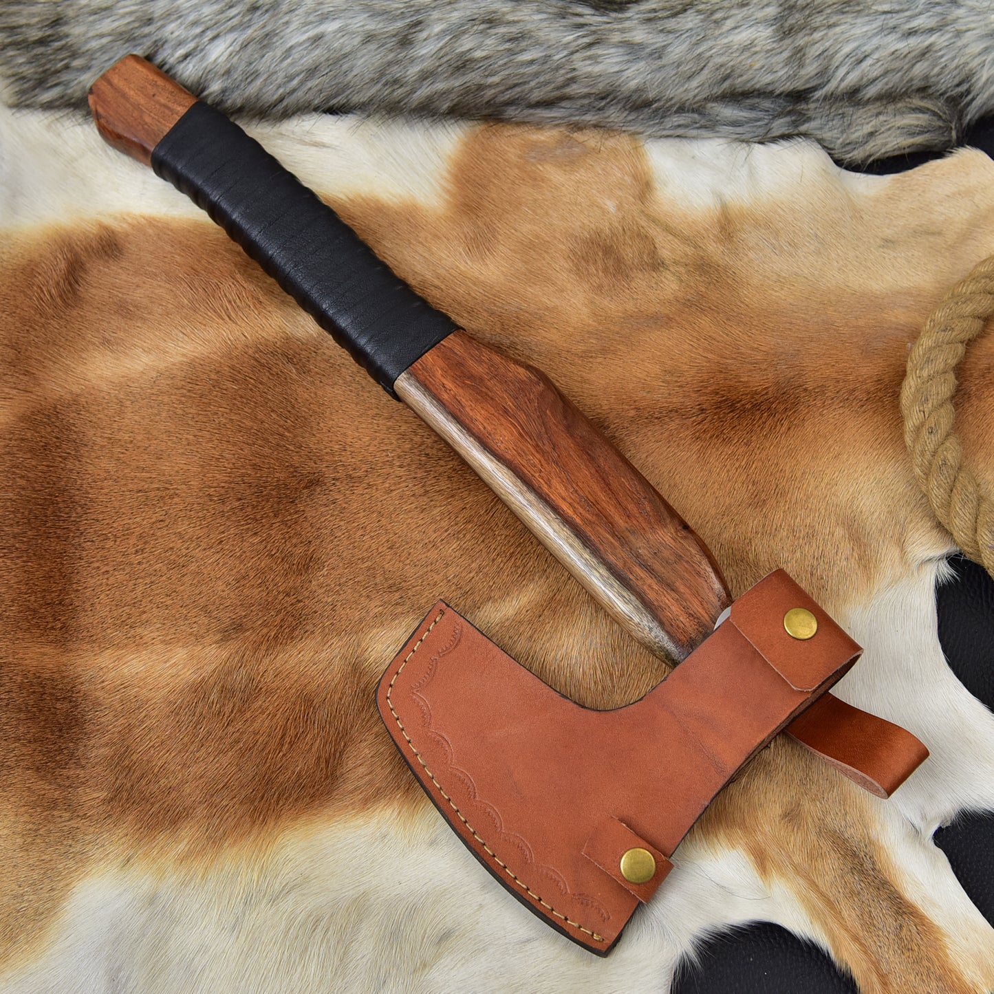 Handcrafted Viking Bearded Axe 20" High Carbon Steel Hatchet Rosewood Handle Leather Sheath Nordic Etched Carving Tool