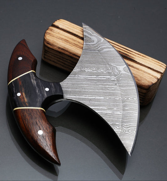 ULu Knife Handmade with Damascus Steel Kitchen Pizza Cutter Alaskan Rocker Chopper with Rosewood Handle Gift for Women Gift for Wife