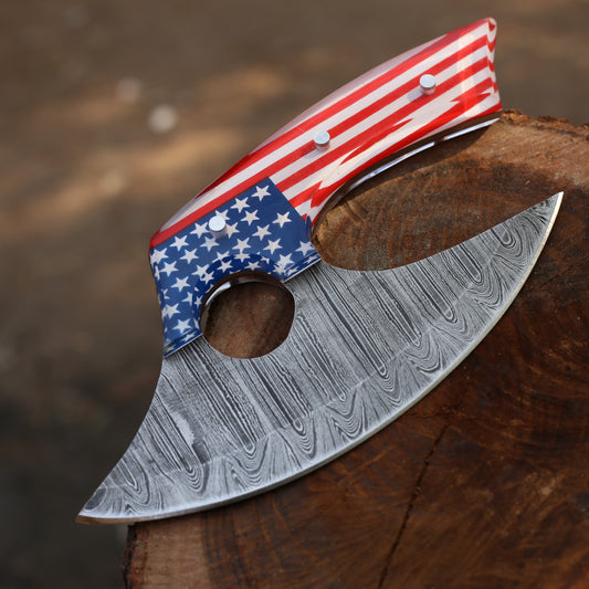 Hand Forged Damascus Steel Professional Alaskan Ulu Knife Handmade American Flag Print Kitchen Pizza Cutter for Chefs No reviews yet