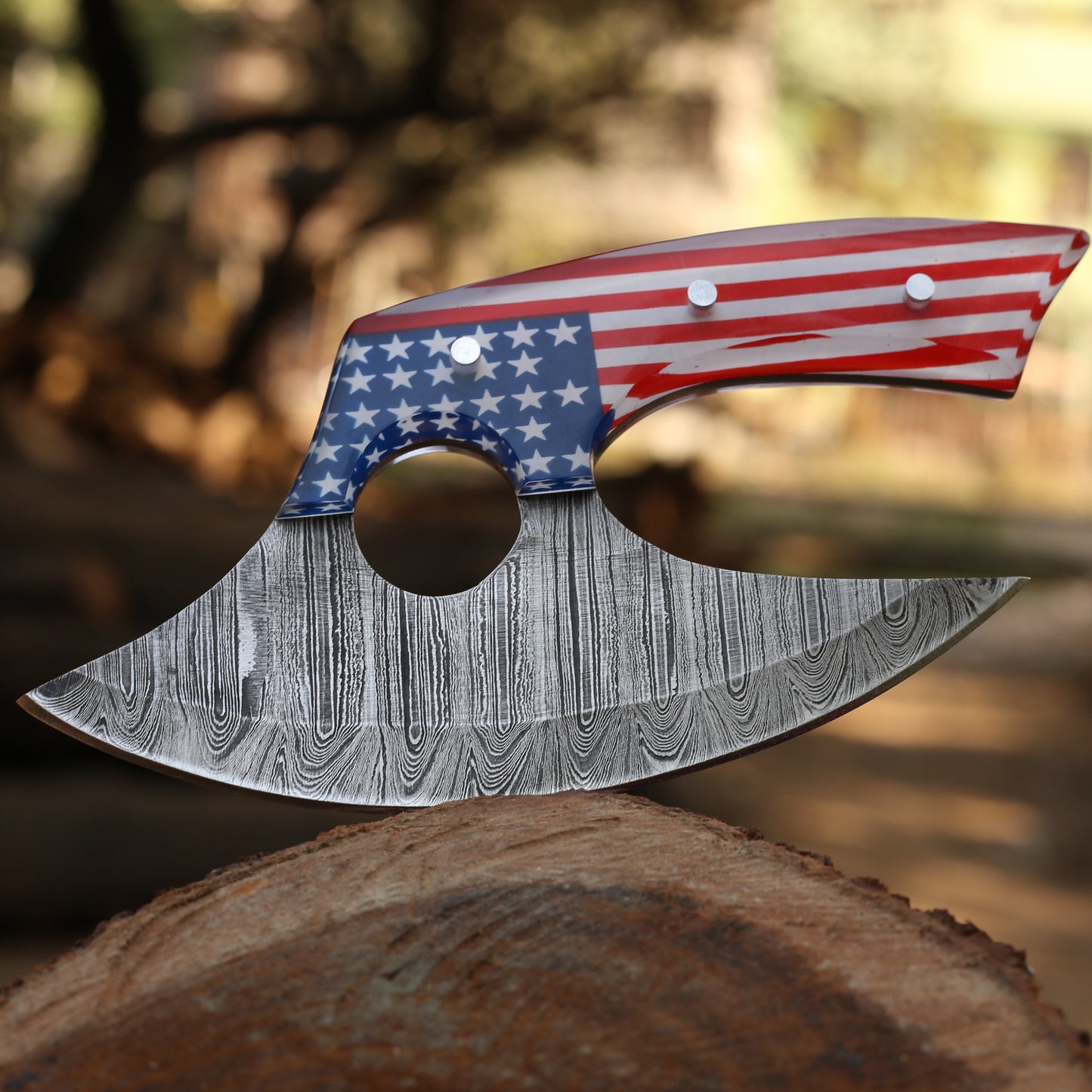 Hand Forged Damascus Steel Professional Alaskan Ulu Knife Handmade American Flag Print Kitchen Pizza Cutter for Chefs No reviews yet