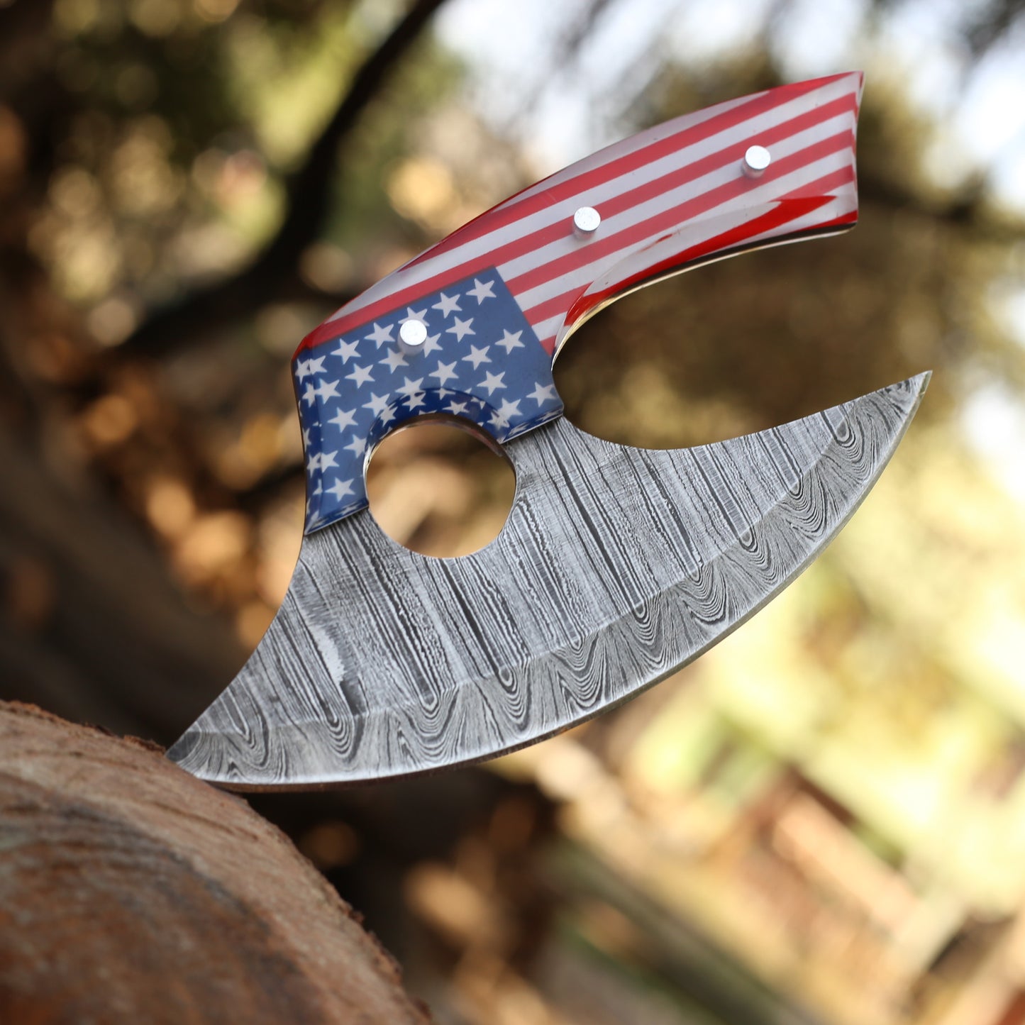 Hand Forged Damascus Steel Professional Alaskan Ulu Knife Handmade American Flag Print Kitchen Pizza Cutter for Chefs No reviews yet