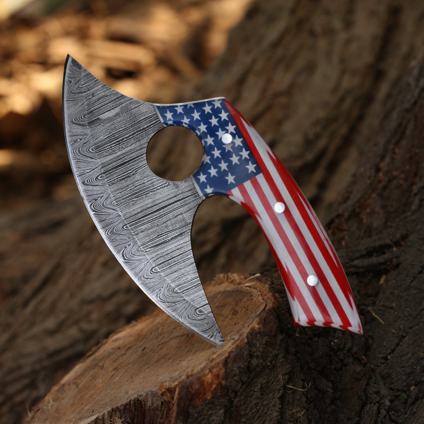 Hand Forged Damascus Steel Professional Alaskan Ulu Knife Handmade American Flag Print Kitchen Pizza Cutter for Chefs No reviews yet