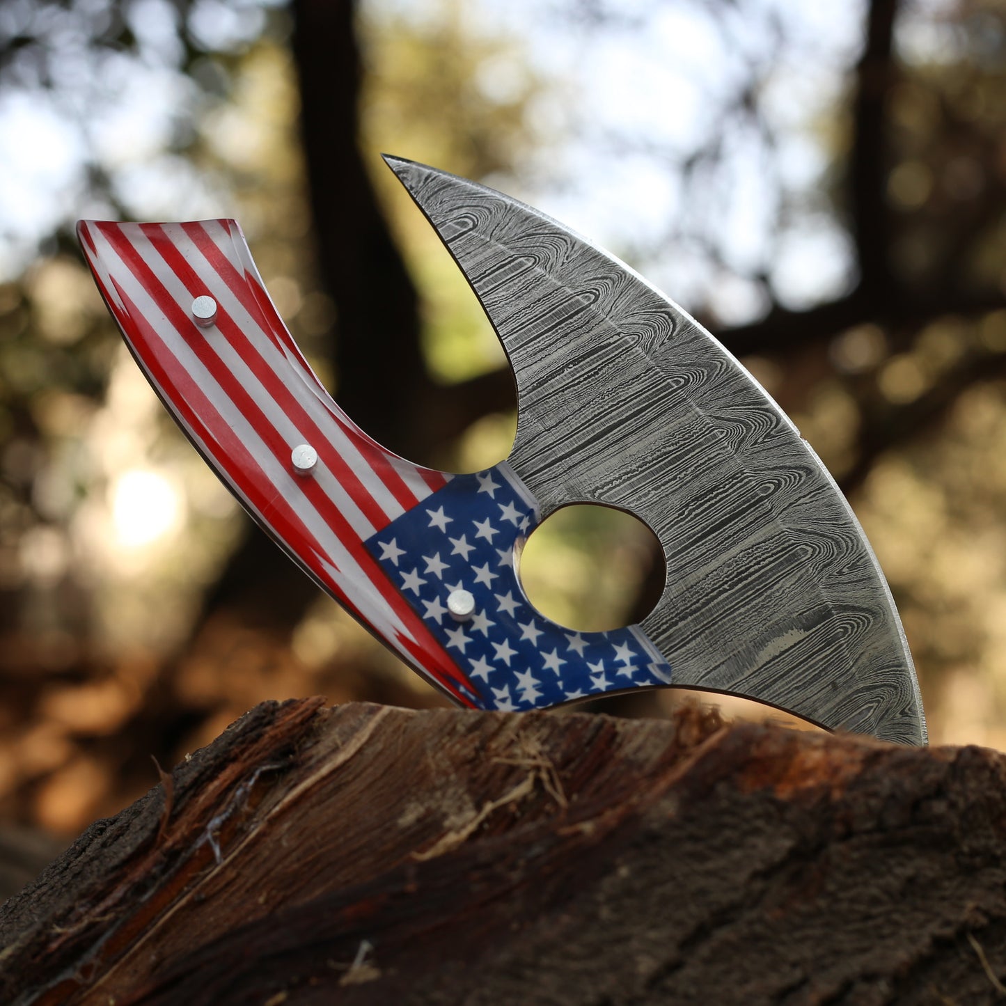 Hand Forged Damascus Steel Professional Alaskan Ulu Knife Handmade American Flag Print Kitchen Pizza Cutter for Chefs No reviews yet