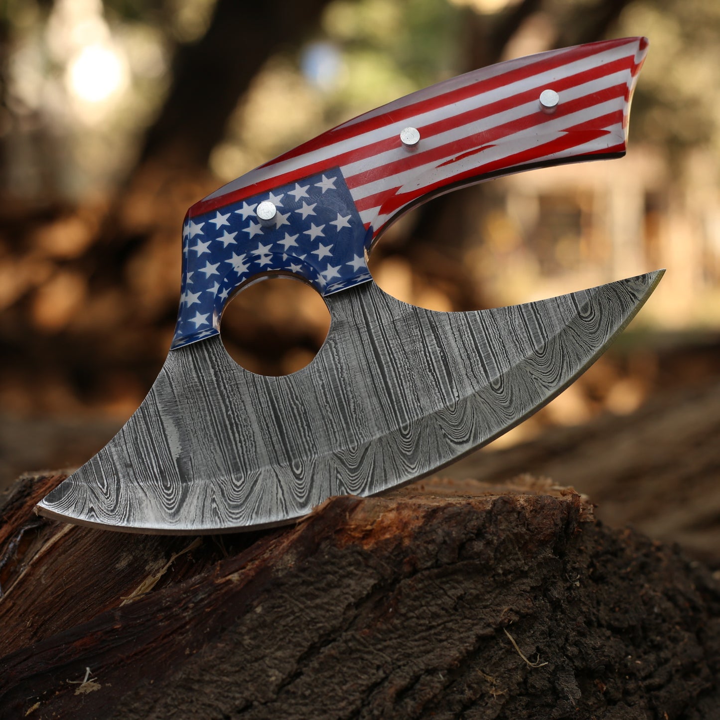 Hand Forged Damascus Steel Professional Alaskan Ulu Knife Handmade American Flag Print Kitchen Pizza Cutter for Chefs No reviews yet