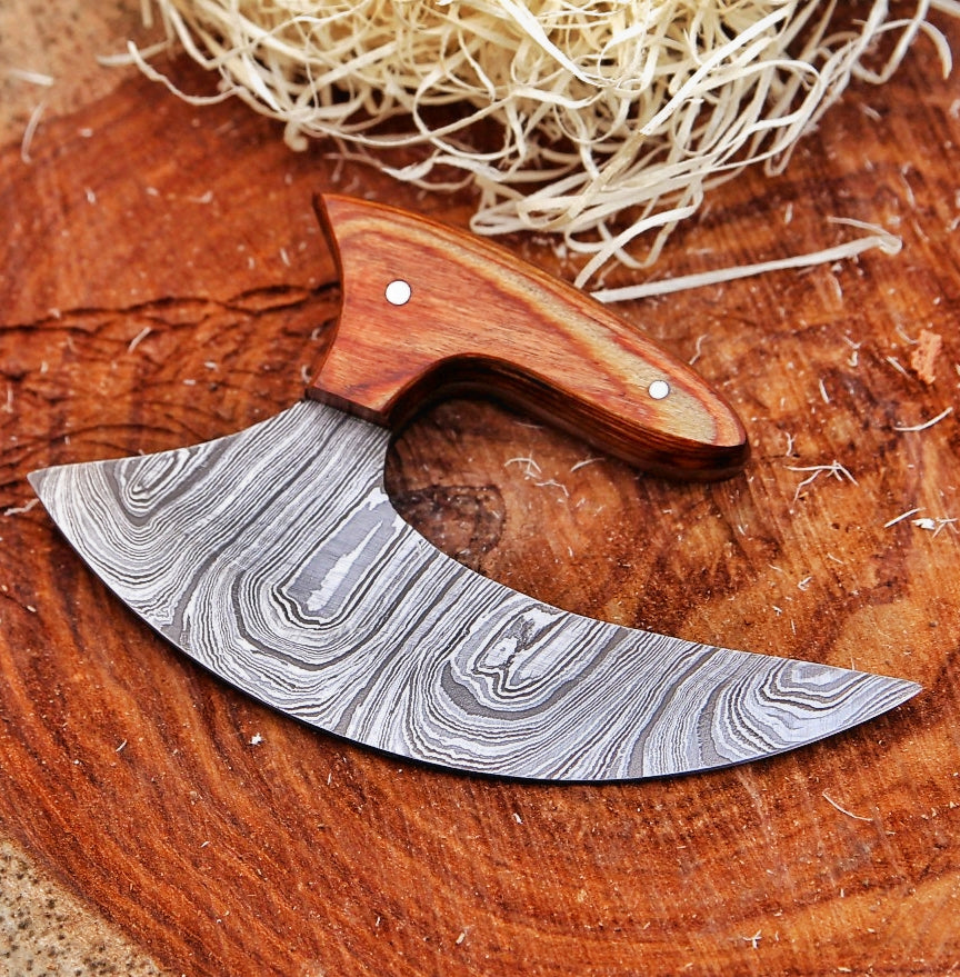 Damascus Steel Ulu Knife with Pakka Wood Handle – 6.75" Handmade High-Quality Chopper