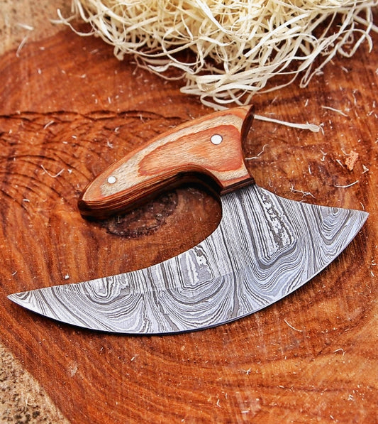 Handmade 6.75" Damascus Steel Ulu Knife – Premium Pakkawood Handle Kitchen Chopper