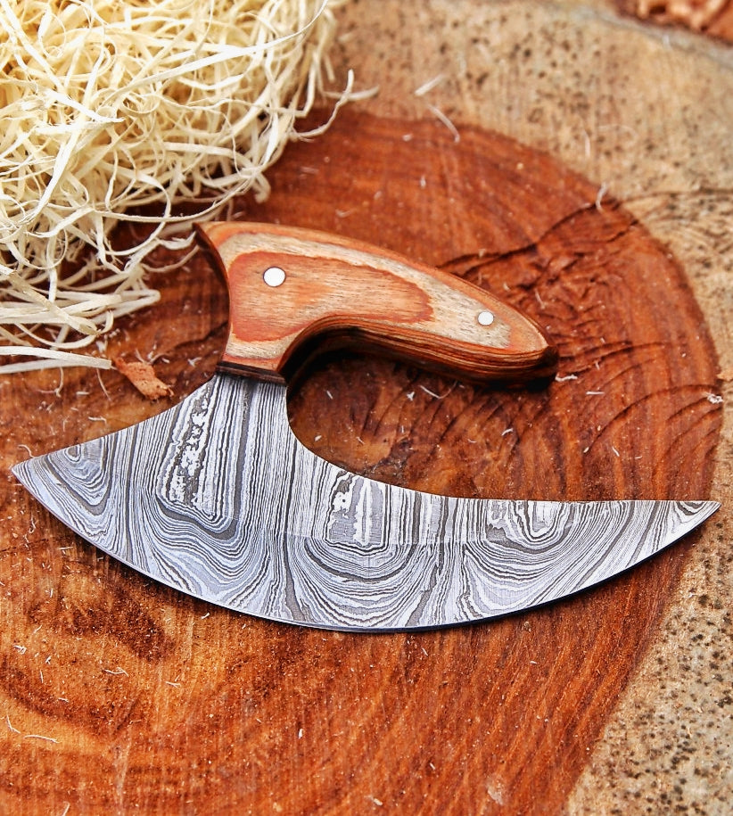 Damascus Steel Ulu Knife with Pakka Wood Handle – 6.75" Handmade High-Quality Chopper