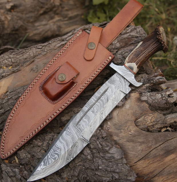 15"Long big Bowie knife - Damascus steel Big Bowie knife - With leather sheath cover,Gift Bowie knife for him/boyfriend Handmade Bowie knife