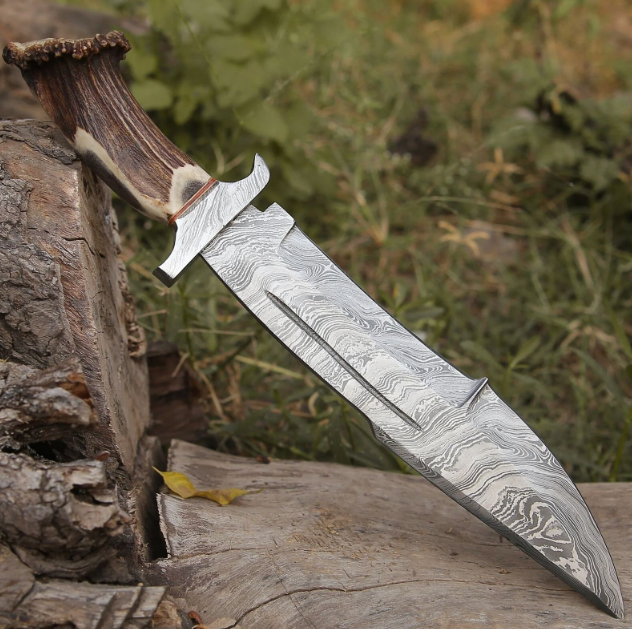 15"Long big Bowie knife - Damascus steel Big Bowie knife - With leather sheath cover,Gift Bowie knife for him/boyfriend Handmade Bowie knife