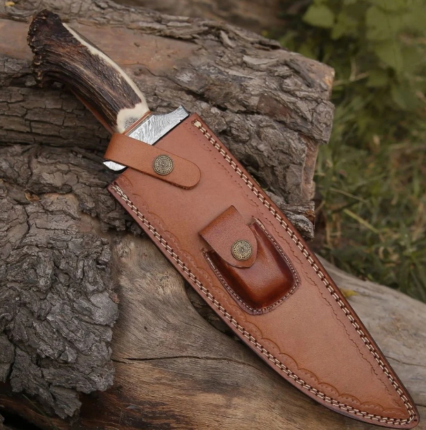 15"Long big Bowie knife - Damascus steel Big Bowie knife - With leather sheath cover,Gift Bowie knife for him/boyfriend Handmade Bowie knife