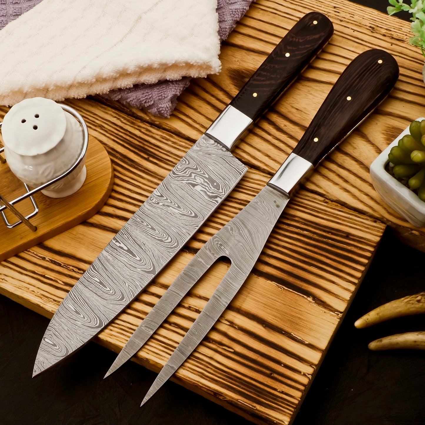 Quality Damascus Steel BBQ Knife & Fork Set – 2PC Carving Set for Roast and Grilling – $90.00